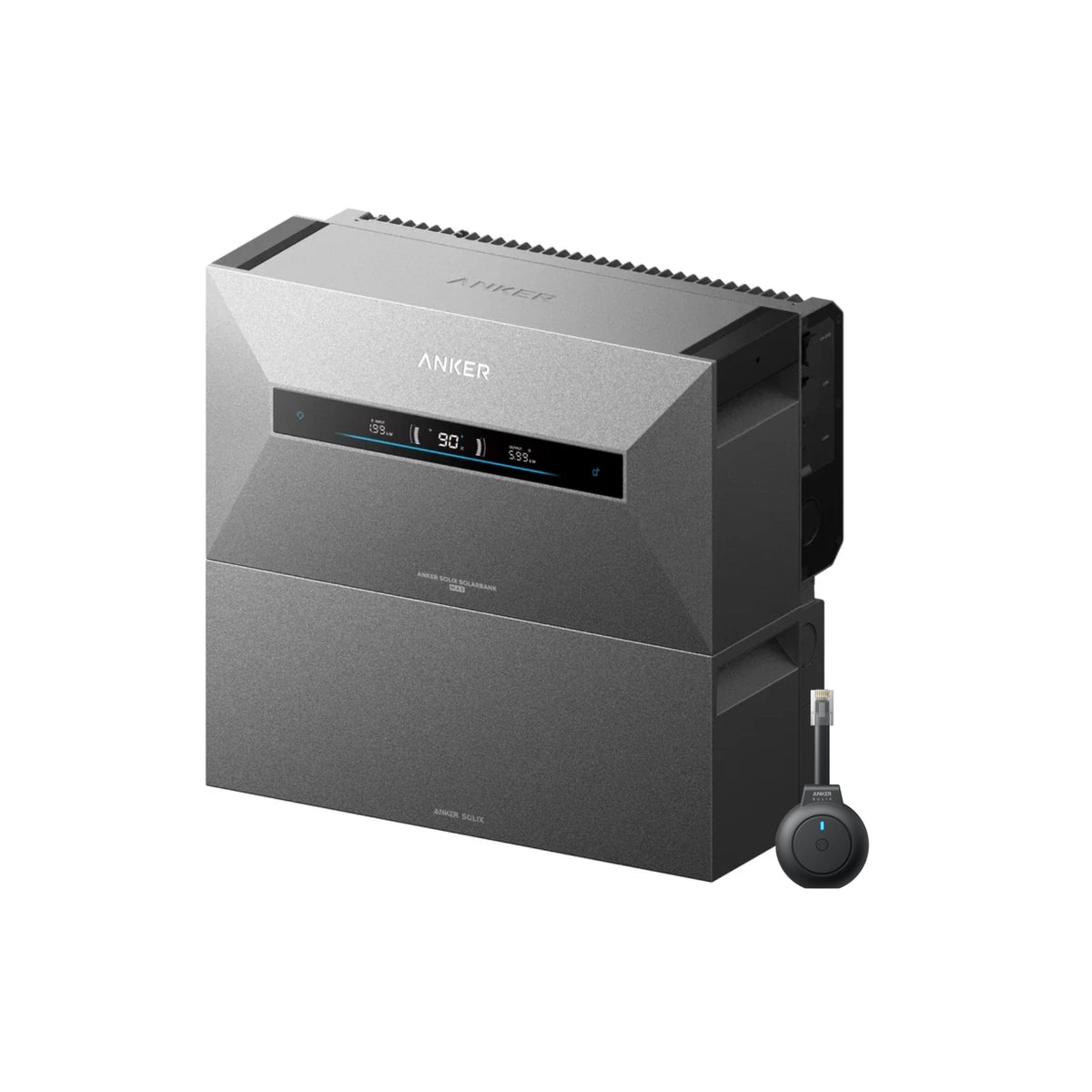 Anker SOLIX Solarbank Max Hybrid gestapeld met uitbreidingsaccu's en een p1 meter er naast