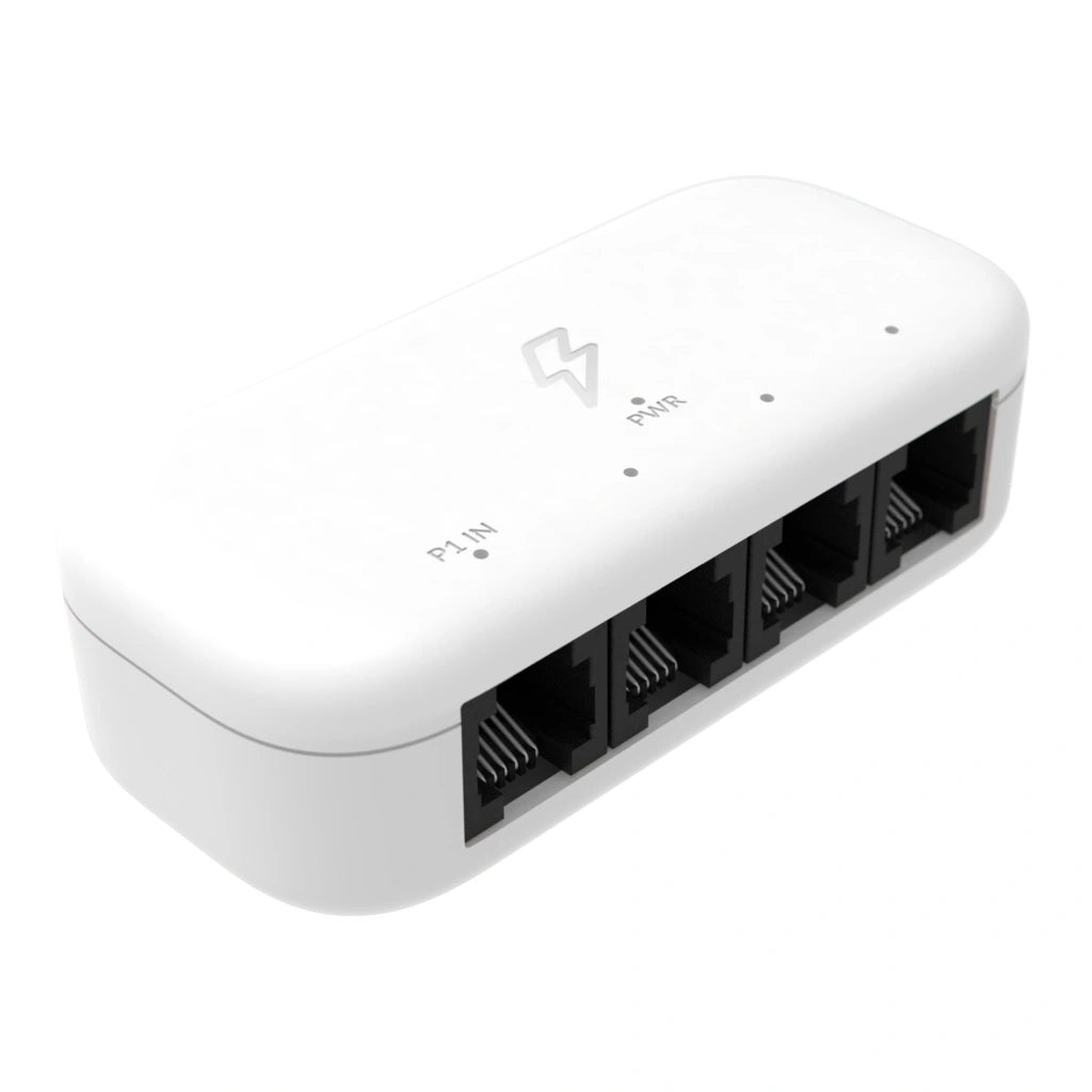 HomeWizard Actieve P1 Splitter schuin aanzicht met vier P1 poorten