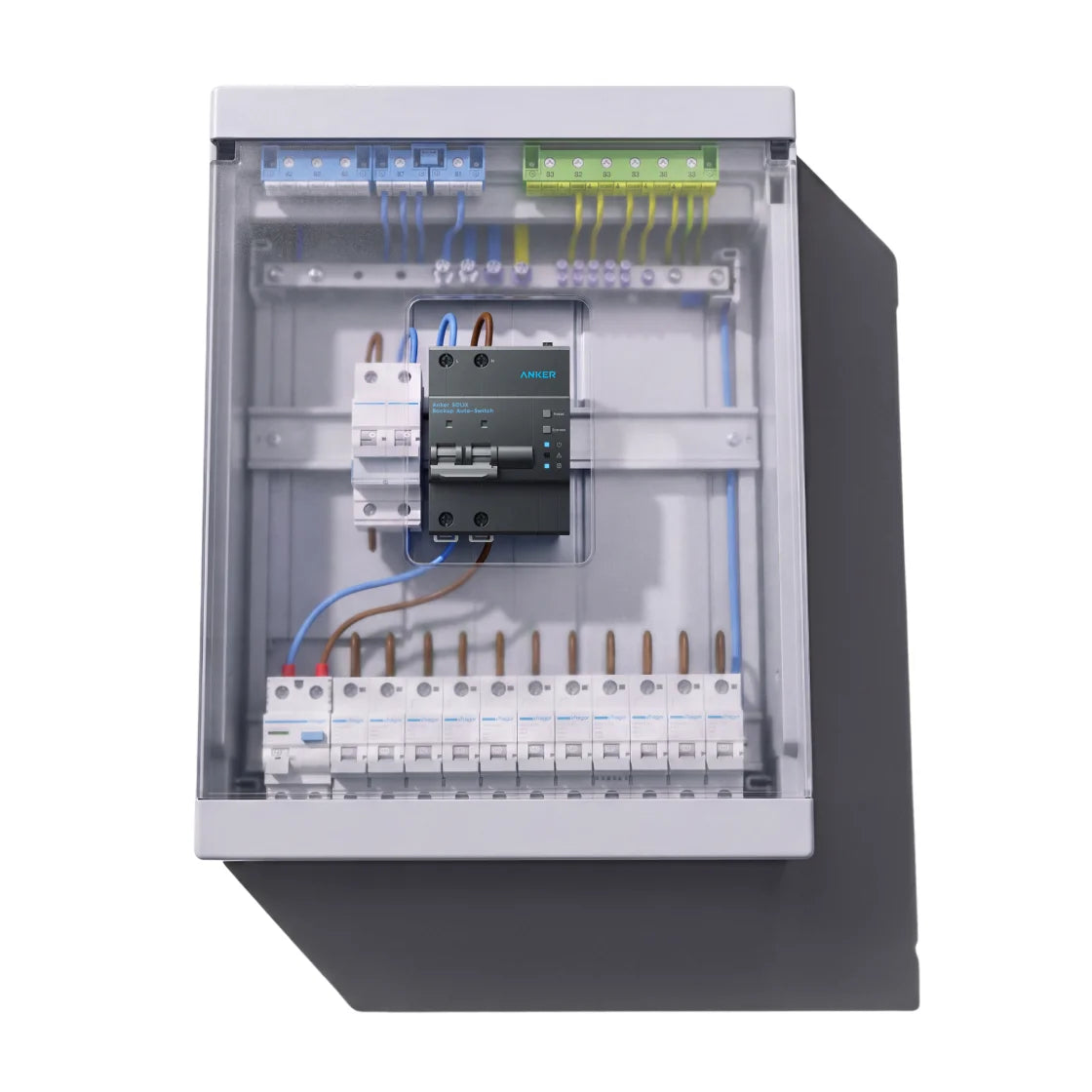 Anker SOLIX Backup Auto-Switch geïnstalleerd in een elektrische groepenkast voor automatische noodstroomvoorziening.
