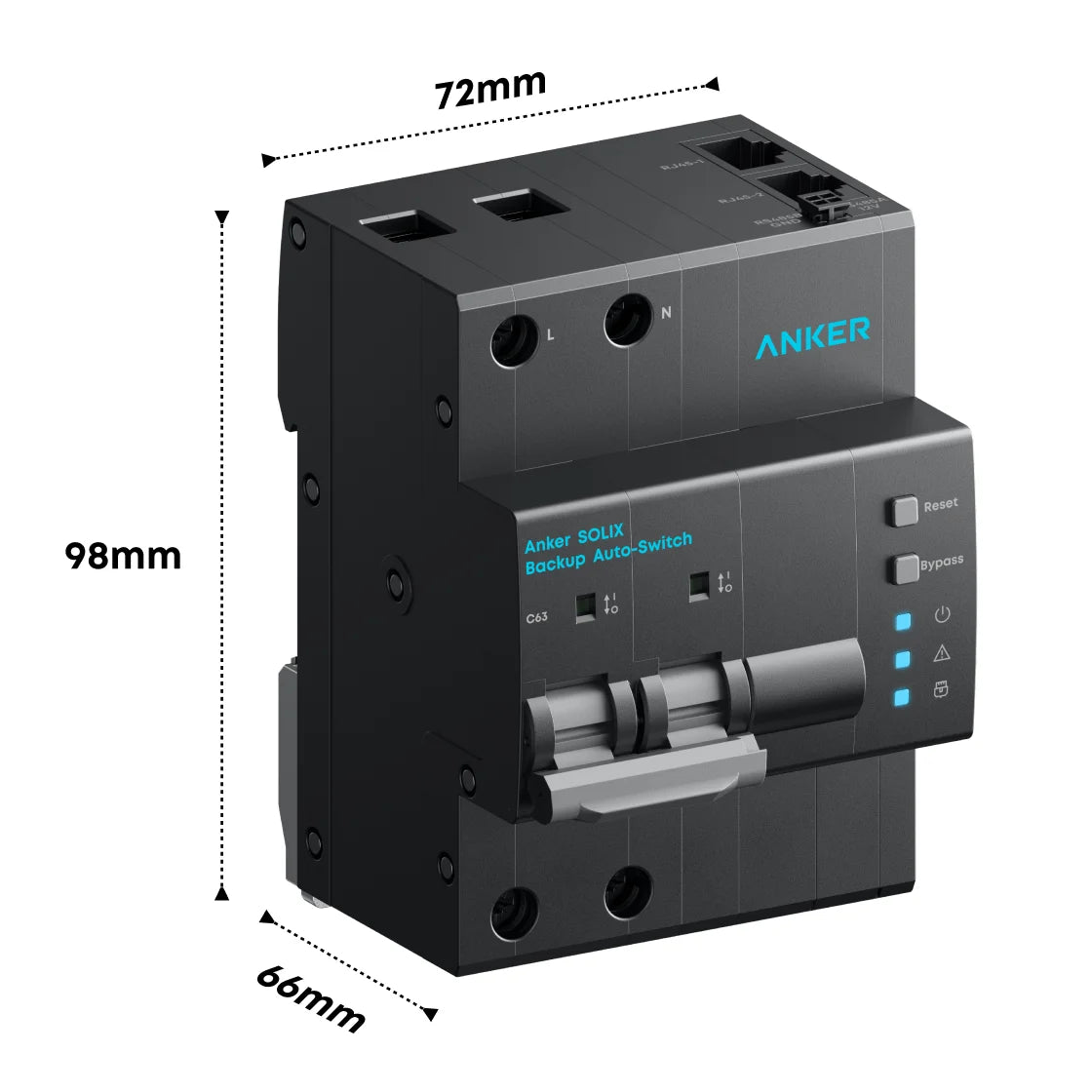 Anker SOLIX Backup Auto-Switch vanuit linkerhoek met automatische omschakelaar, resetknop en bypassfunctie.