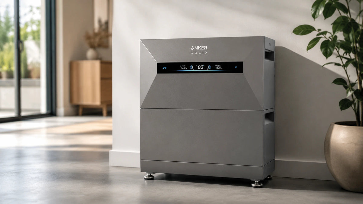 Anker SOLIX Solarbank Max AC geplaatst op de Anker SOLIX montagebasis voor een stabiele en veilige installatie op een vlakke binnenvloer.