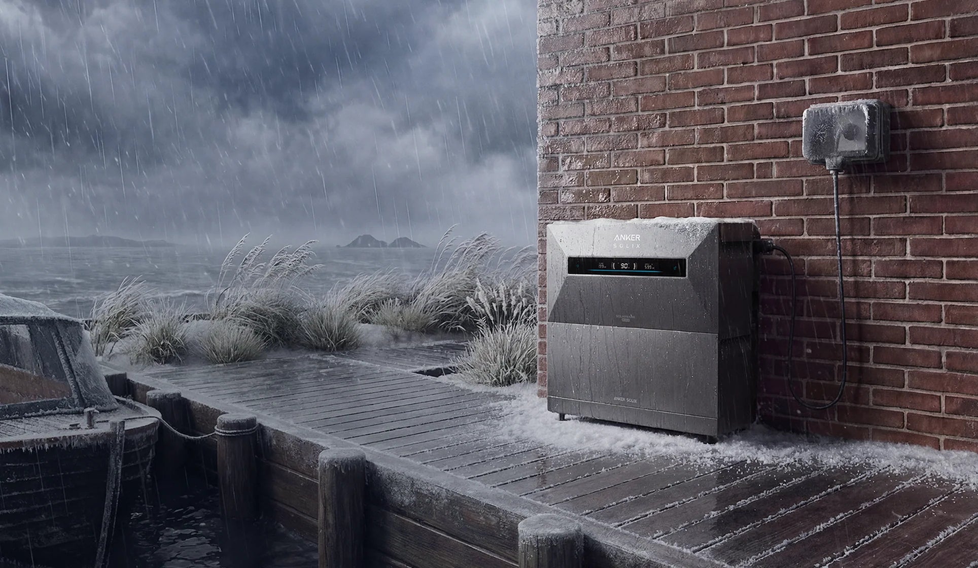 Anker SOLIX Solarbank Max AC op de Anker SOLIX montagebasis, verhoogd geplaatst voor een stabiele en weerbestendige buiteninstallatie onder zware weersomstandigheden.