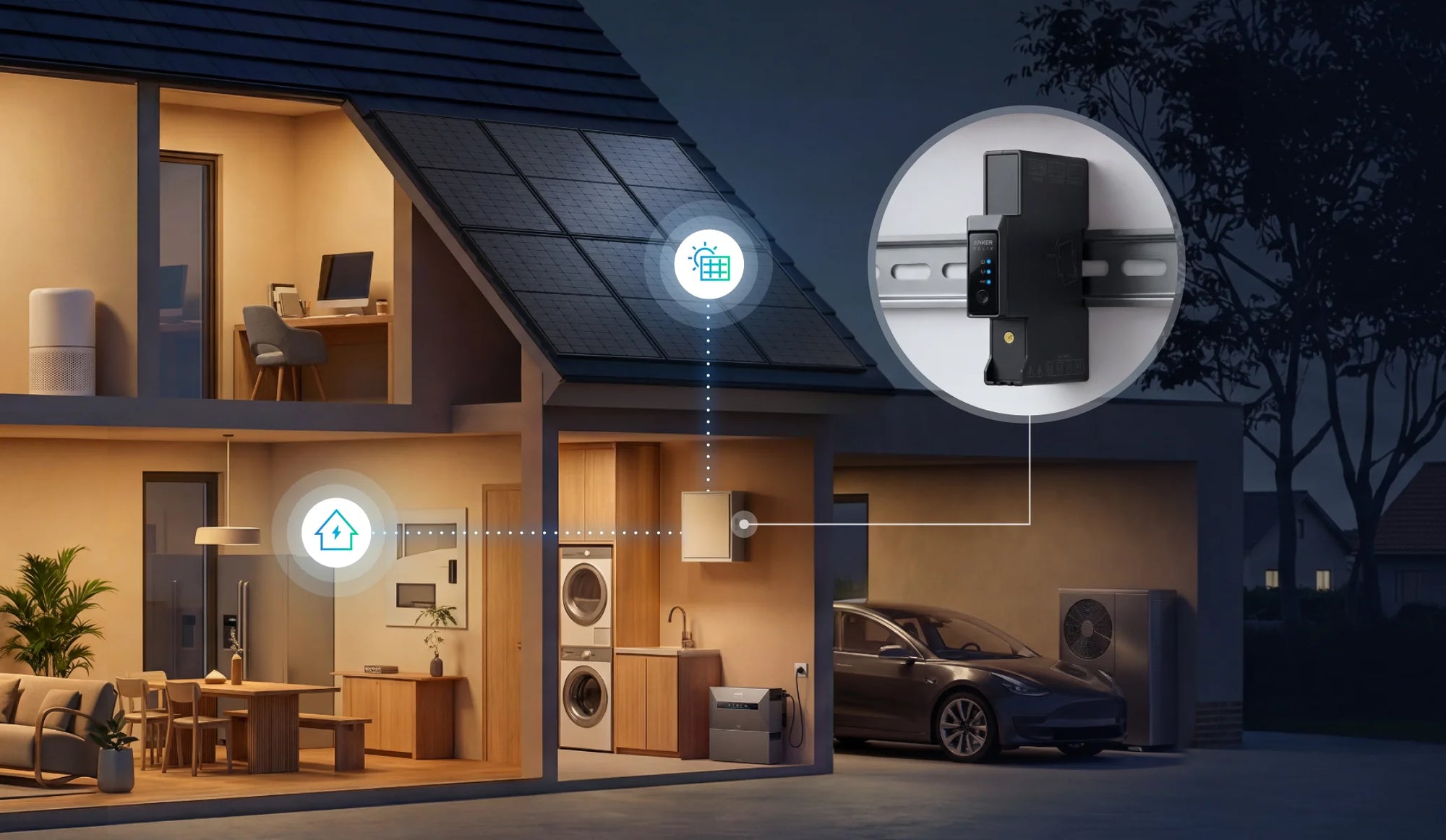 De Anker SOLIX Smart Meter Gen 2 meet realtime het stroomverbruik en de teruglevering van een woning voor slim energiebeheer met een Anker SOLIX thuisbatterij.