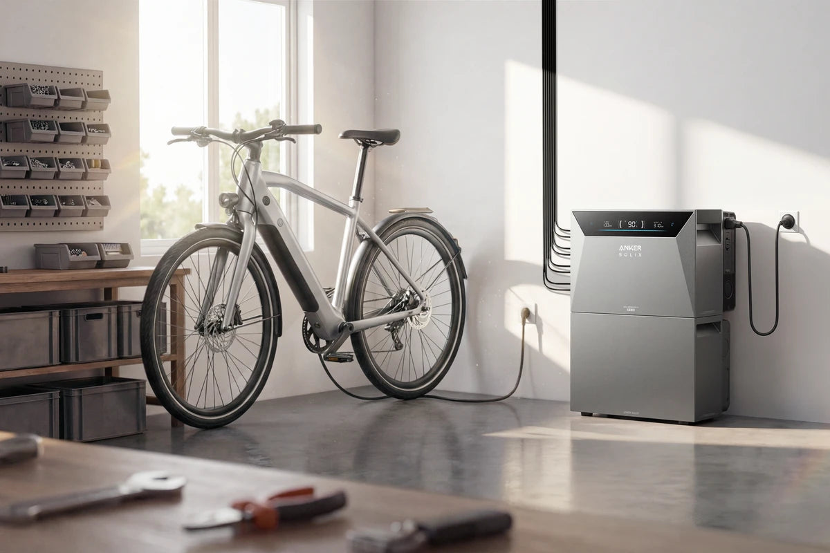 Anker SOLIX Solarbank 4 E5000 Pro in de garage naast de werkbank