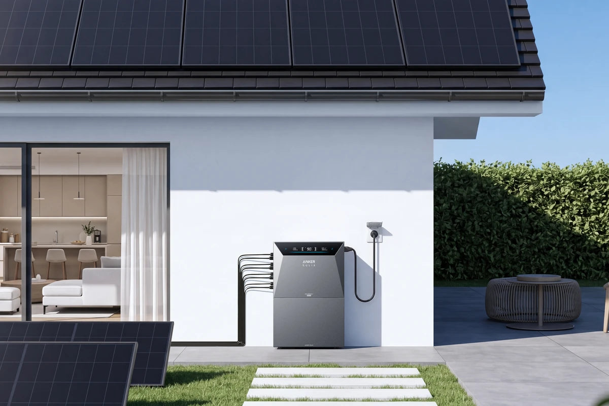 Anker SOLIX Solarbank 4 E5000 Pro bij een woning met zonnepanelen op het dak