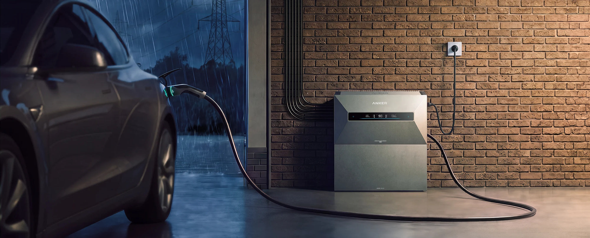 Anker SOLIX Solarbank Max Hybrid naast een elektrische auto