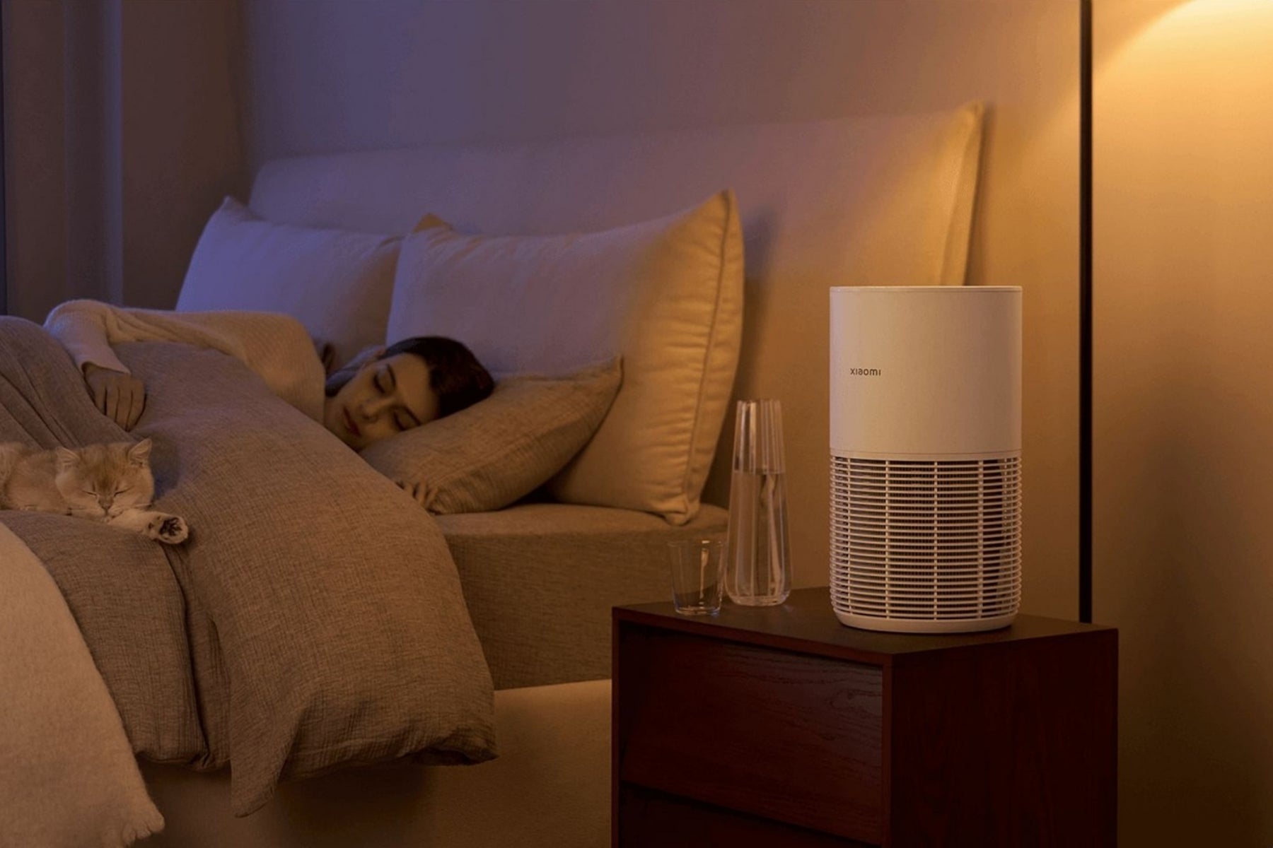 Vrouw en kat slapend in bed met Xiaomi luchtreiniger op nachtkasten