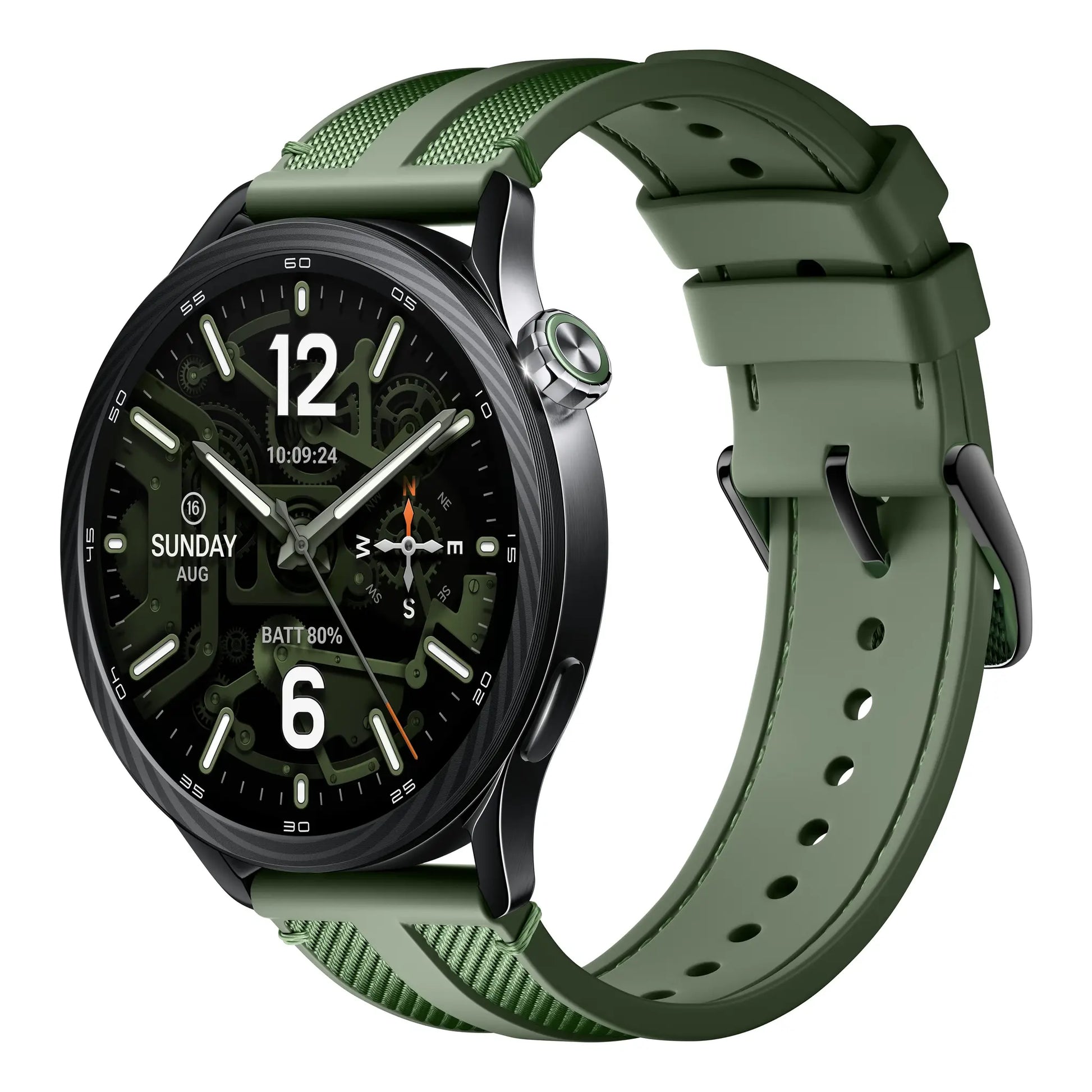 Xiaomi Watch S5 46mm smartwatch in groen met geweven band en draaibare kroon, schuin aanzicht