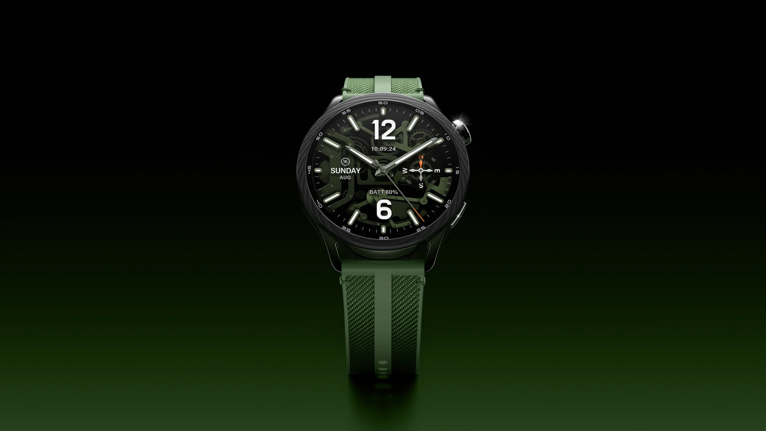 Xiaomi Watch S5 46mm smartwatch in groen met skeleton wijzerplaat en kompas op donkere achtergrond