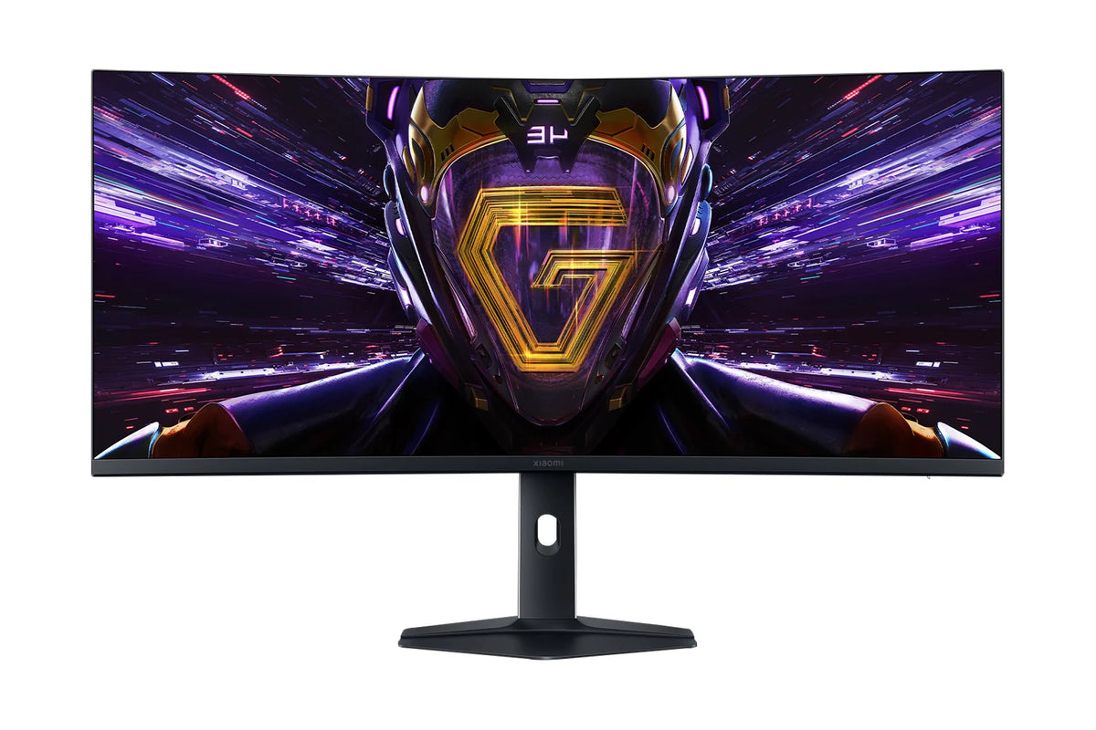 Xiaomi Curved Gaming Monitor G34WQi 2026 recht van voren met het G-logo op het scherm, op een witte achtergrond