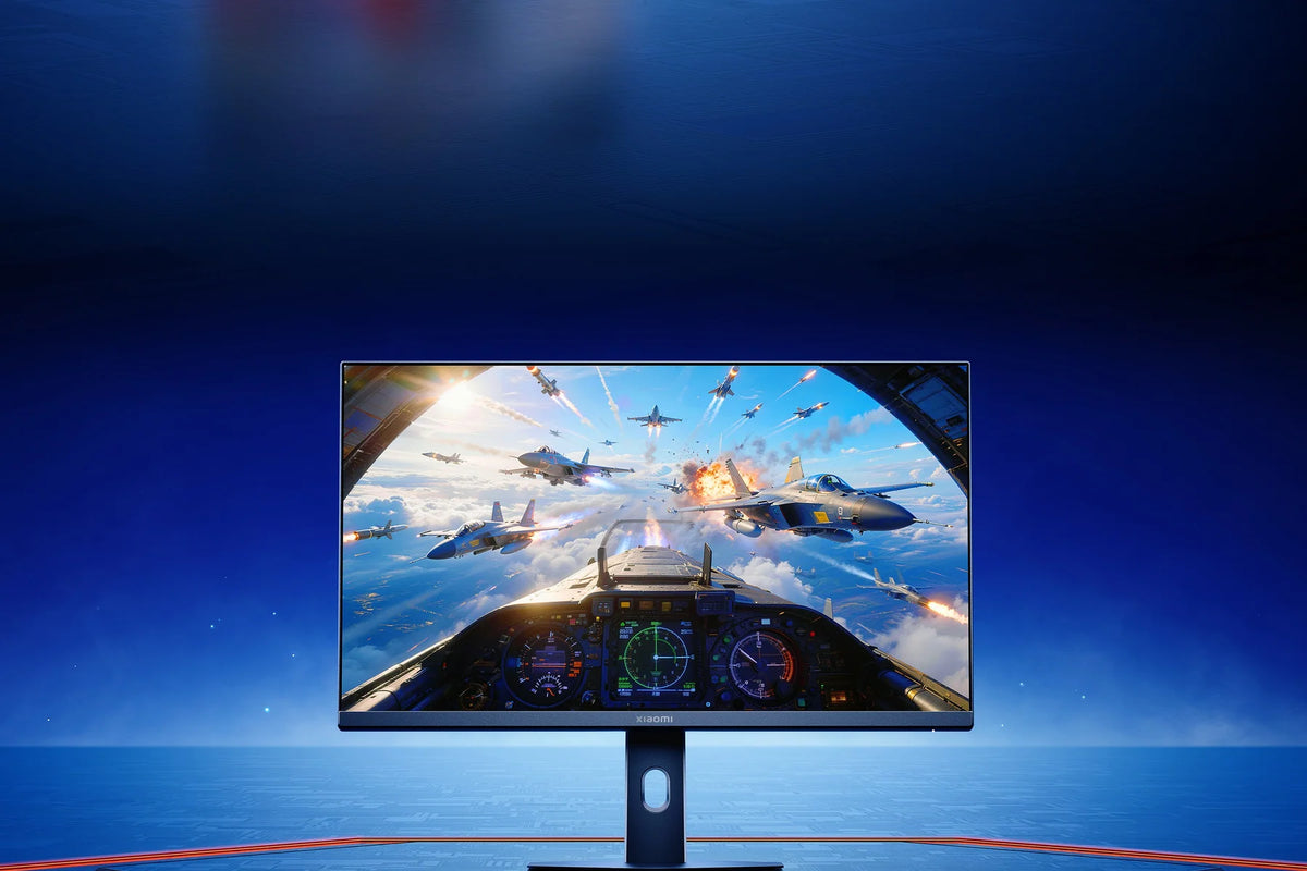Vliegspel met straaljagers op de Xiaomi Gaming Monitor G25i 2026, recht van voren