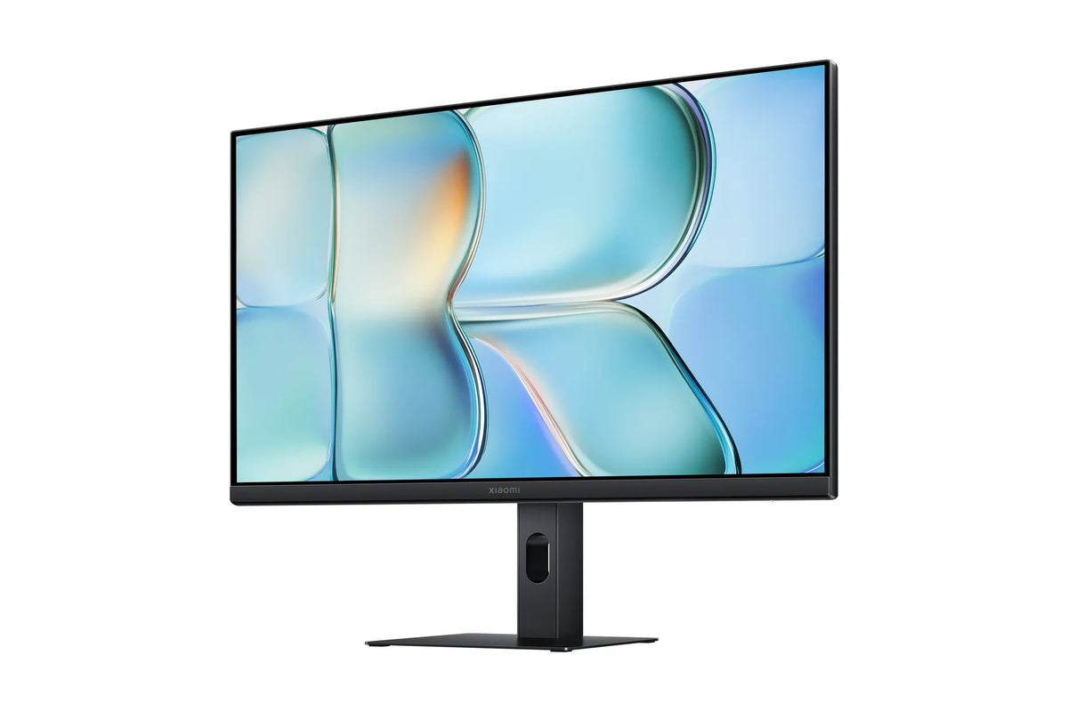 Xiaomi Monitor A24i 2026 schuin van links op een witte achtergrond