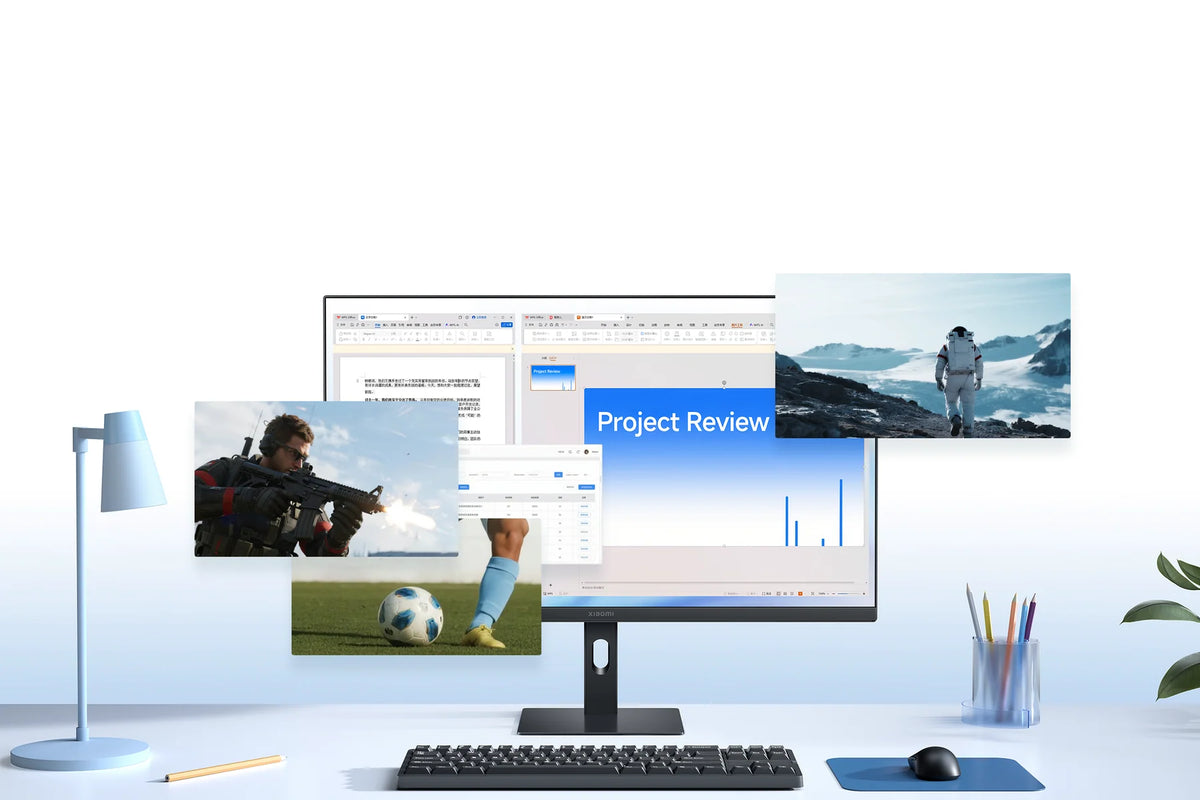 Xiaomi Monitor A27i 2026 op een bureau met documenten, een game en een voetbalwedstrijd erboven