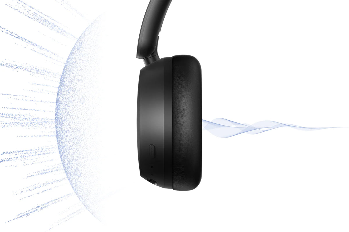 Zijkant van de zwarte Xiaomi Redmi Headphones Neo die omgevingsgeluid buitenhoudt