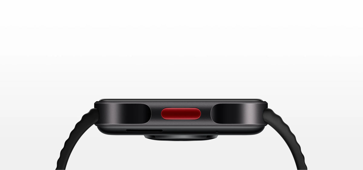 Zwarte Xiaomi Redmi Watch 6 Lite van opzij met verhoogde sportknop