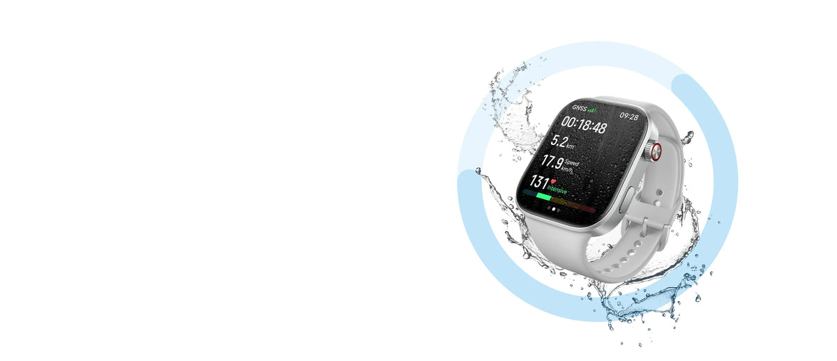 Xiaomi Redmi Watch 6 met waterspatten en zwemgegevens op het scherm