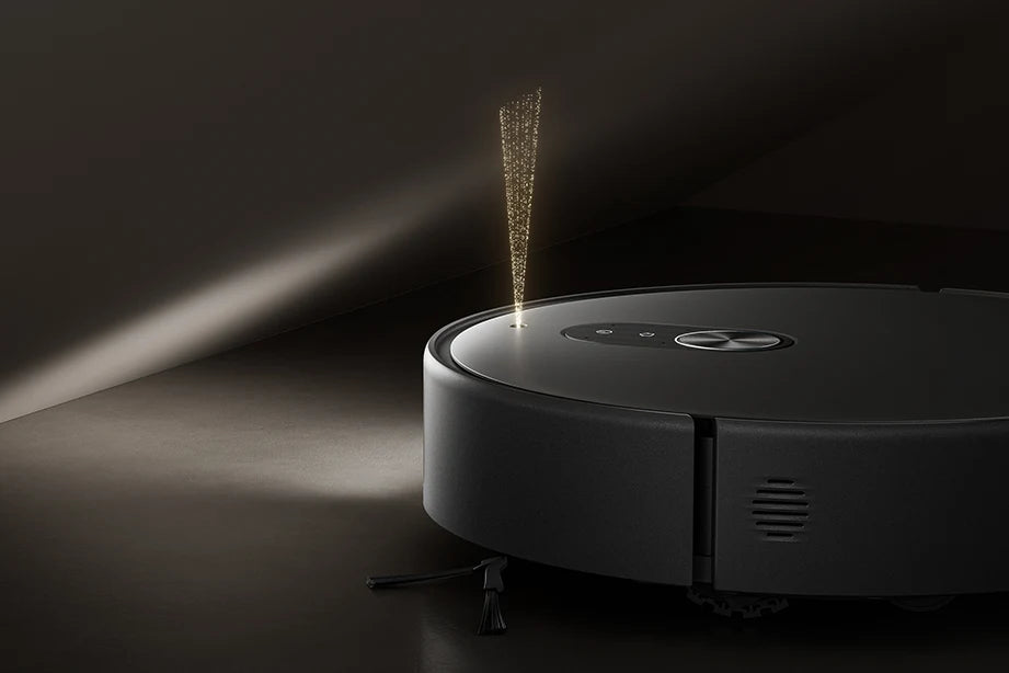 Xiaomi Robot Vacuum 6 Max met ingezakte LiDAR-toren die de ruimte onder een meubel aftast