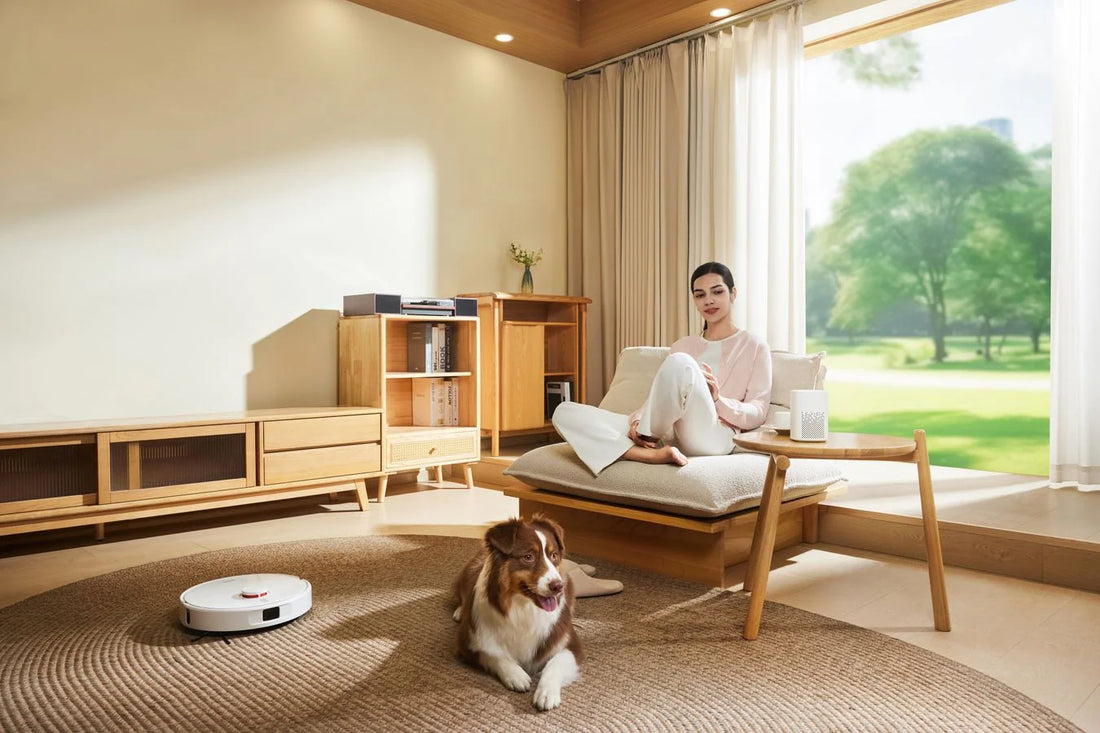 Xiaomi Robot Vacuum H50 op een kleed in de woonkamer met een hond