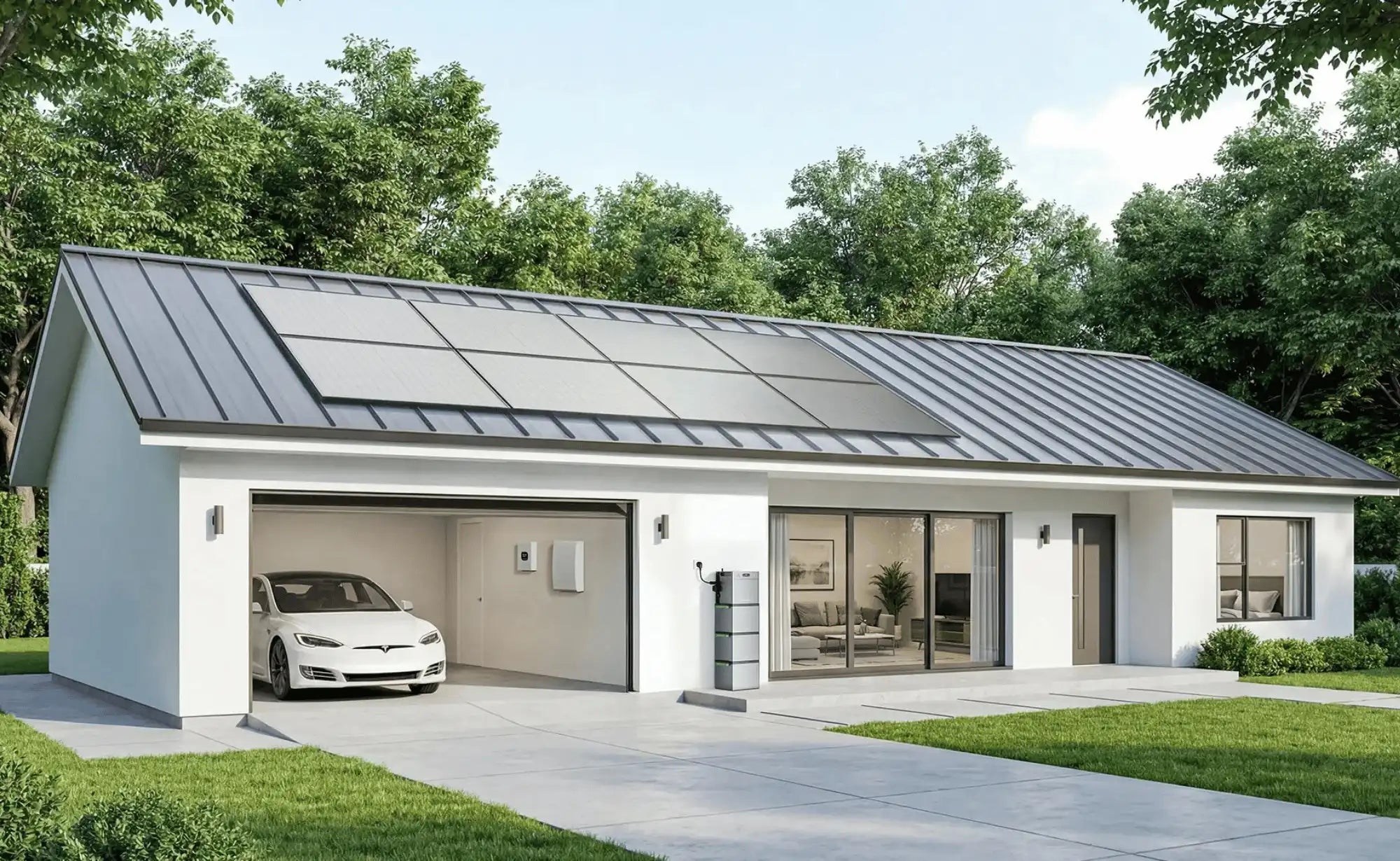 Modern huis met zonnepanelen op het dak, Zendure thuisbatterij aan de zijkant en Tesla in garage met EV-oplaadpunt